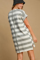 Umgee Gray Peace Applique Striped Short Sleeve Mini Dress Dresses