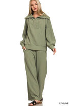 Zenana Light Olive Ribbed High Neck Half Zip Pullover & Pants Set