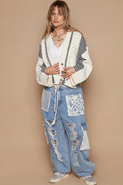 POL Cable-Knit Plaid V-Neck Button Up Cardigan in Natural Multi Shirts & Tops