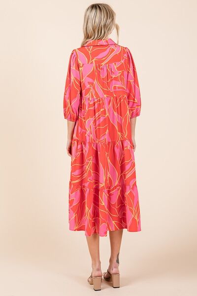 Mittoshop Coral Tiered Printed Collared Neck Midi Dress