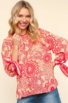 Haptics Peach & Coral Ribbon Bow Detail Floral Round Neck Bubble Sleeve Blouse Shirts & Tops