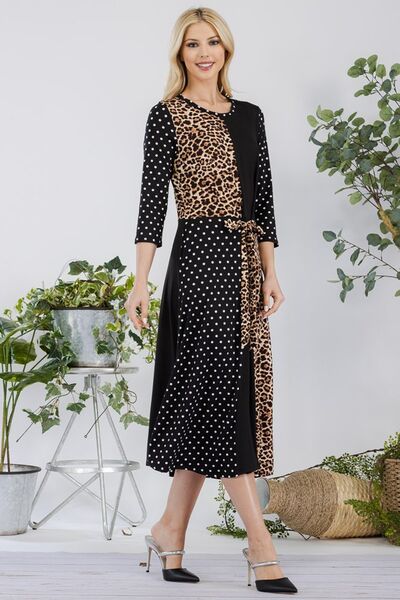 Celeste Black & Leopard Multi Pattern Front Tie Midi Dress