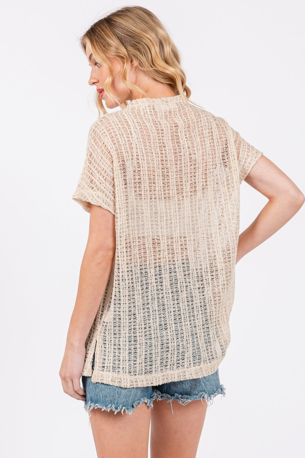 Ces Femme Oatmeal See Through Crochet Mock Neck Cover Up Trendsi