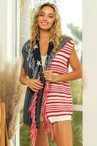 BiBi American Flag Fringe Edged Sweater Vest NAVY RED