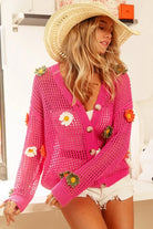 BiBi Fuchsia Flower Patches Open Knit Sweater Cardigan