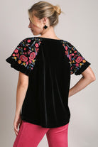 Umgee Black Velvet Embroidery Short Sleeve Blouse Shirts & Tops