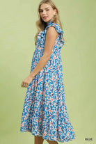 Umgee Blue Leaf Print Midi Tiered Dress with Side Pockets