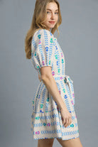 Umgee Boho Arrow Printed Tie Waist Puff Short Sleeve Mini Dress