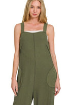 Zenana Dark Olive Knit Waffle Wide Leg Overalls