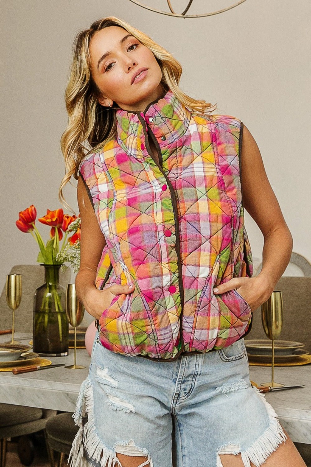 BiBi Stained Glass Quilted Washed Plaid Snap Down Vest Trendsi