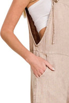 Zenana Ash Mocha Washed Linen Knot Strap Rompers