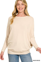 Zenana Sand Beige Hacci Dolman Sleeve Boat Neck Top SAND BEIGE