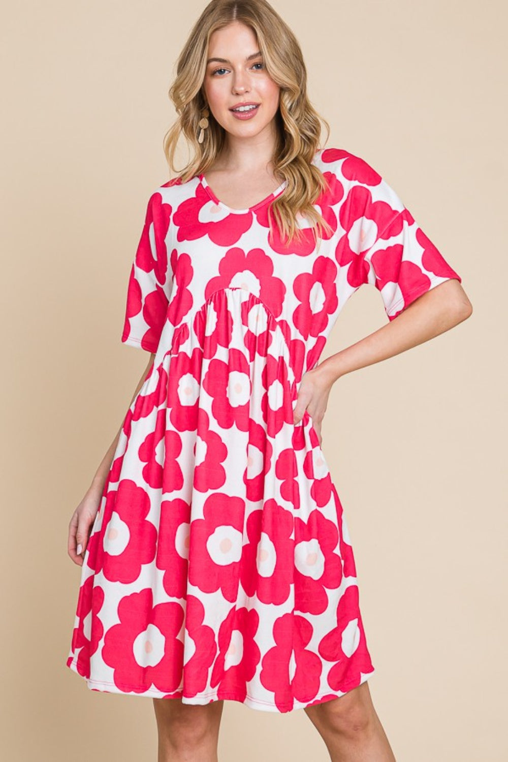 BOMBOM Flower Print Ruched Dress Fuchsia Trendsi