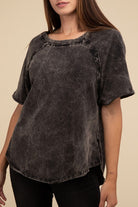 Zenana Back Patch Crinkle Washed Raglan Sleeve T-Shirt in 3 Colors! ASH BLACK Shirts