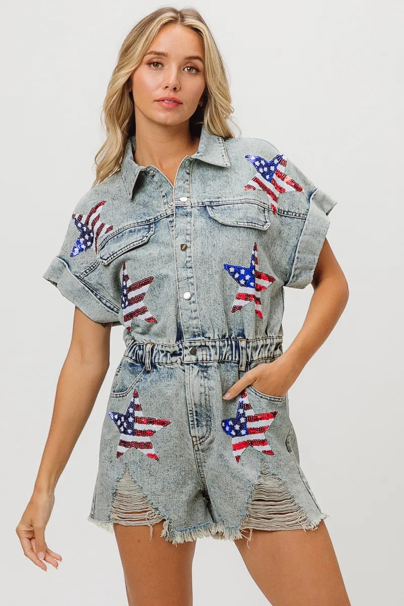 BiBi American Flag Washed Denim Romper DENIM