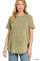 Zenana French Terry Washed Curved Hem Top LT OLIVE