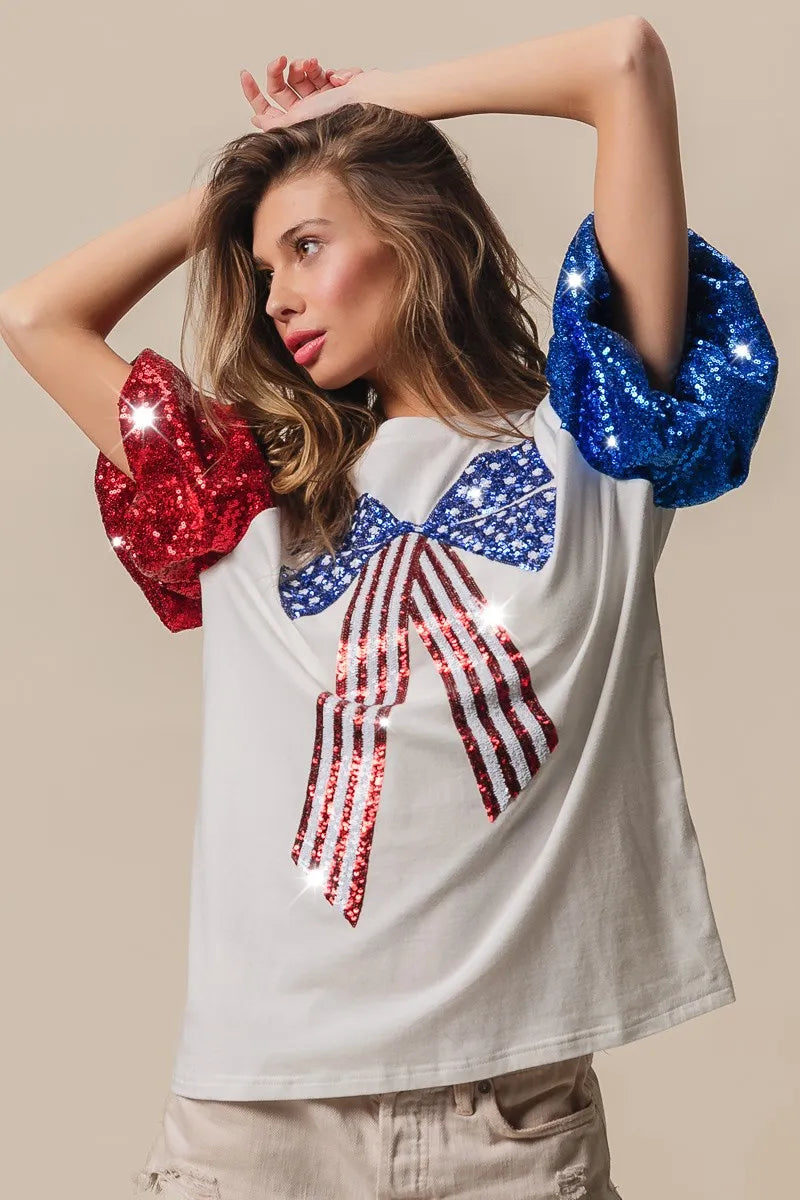 BiBi Sequin American Flag Bow Top