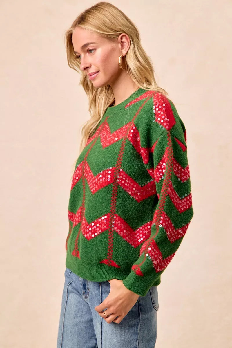 BiBi Hunter Green & Ref Christmas Theme Chevron Sequins Detail Sweater