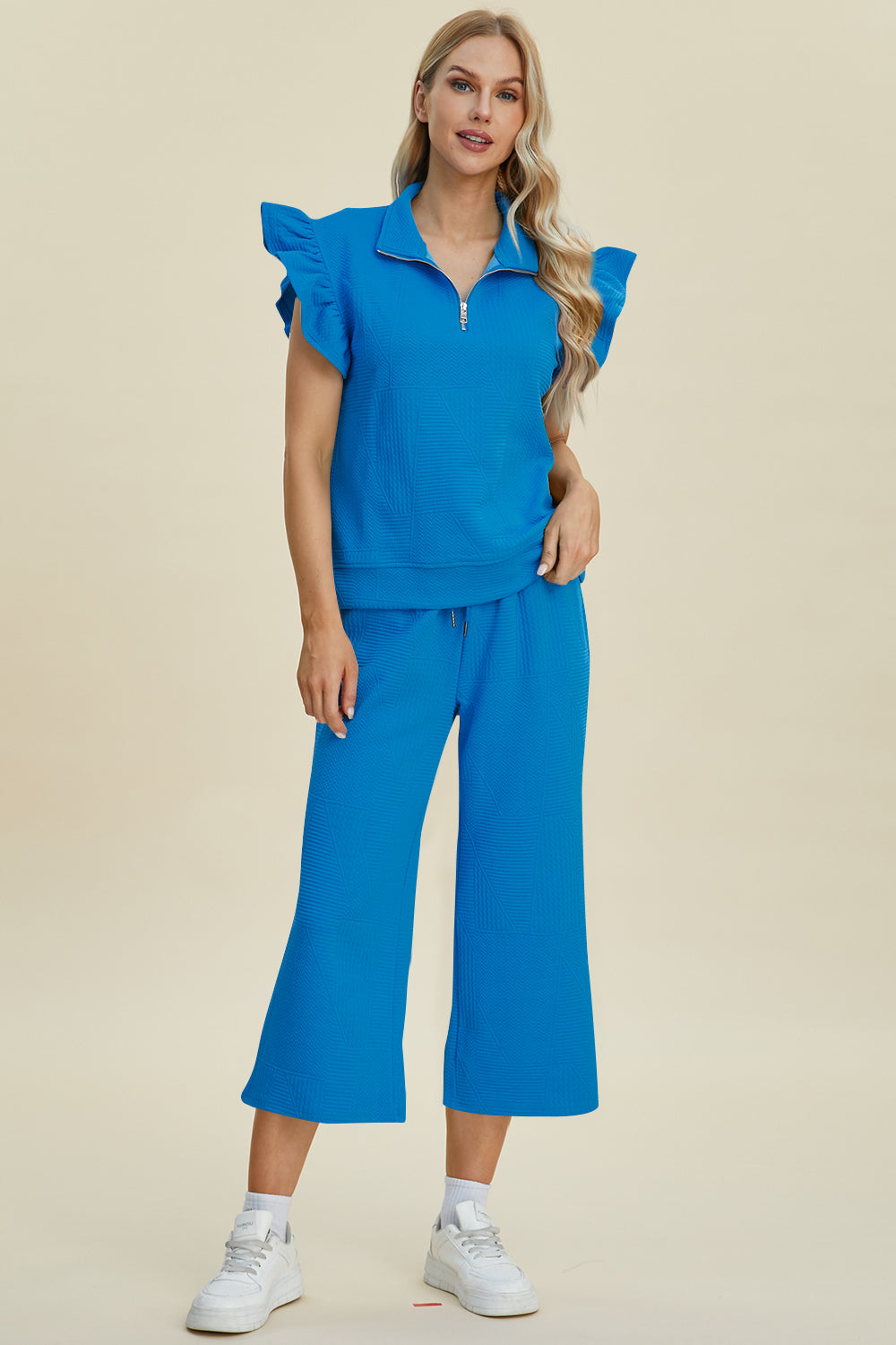 Double Take Geometric Textured Ruffle Short Sleeve Top and Wide Leg Pants Set Trendsi