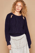 POL Navy Cable Knit Keyhole Cutout Balloon Sleeve Sweater Navy Trendsi