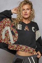 POL Olive Peace Contrast Patch Floral Long Sleeve Hoodie