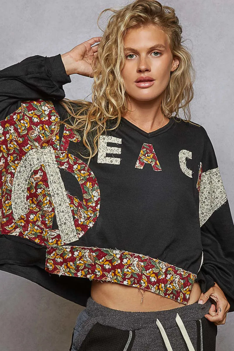 POL Olive Peace Contrast Patch Floral Long Sleeve Hoodie