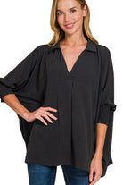 Zenana Black Airflow Collar Tee with Smocked Sleeve Band Top BLACK