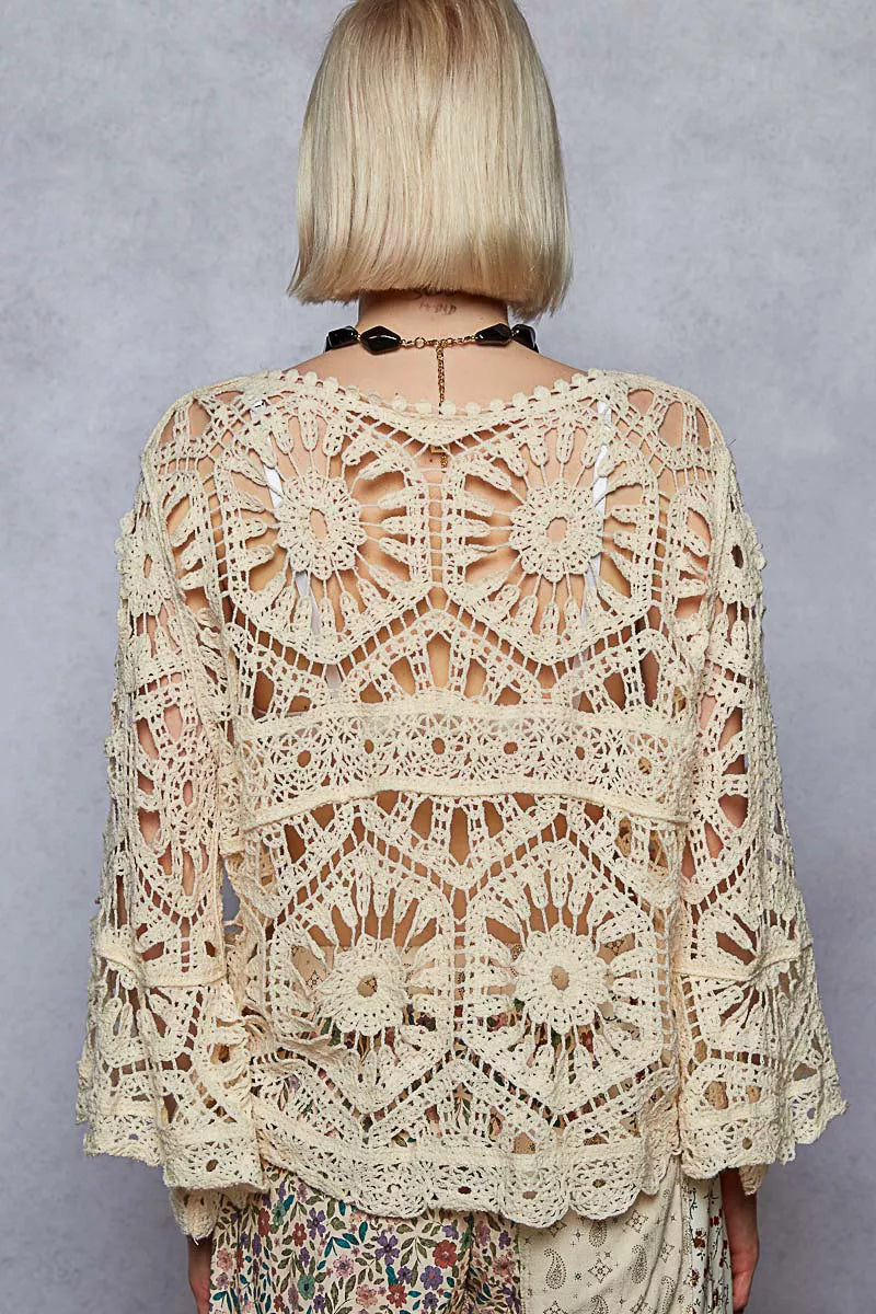 POL Cream Round Neck Weave Knit Pattern Cropped Cover Up