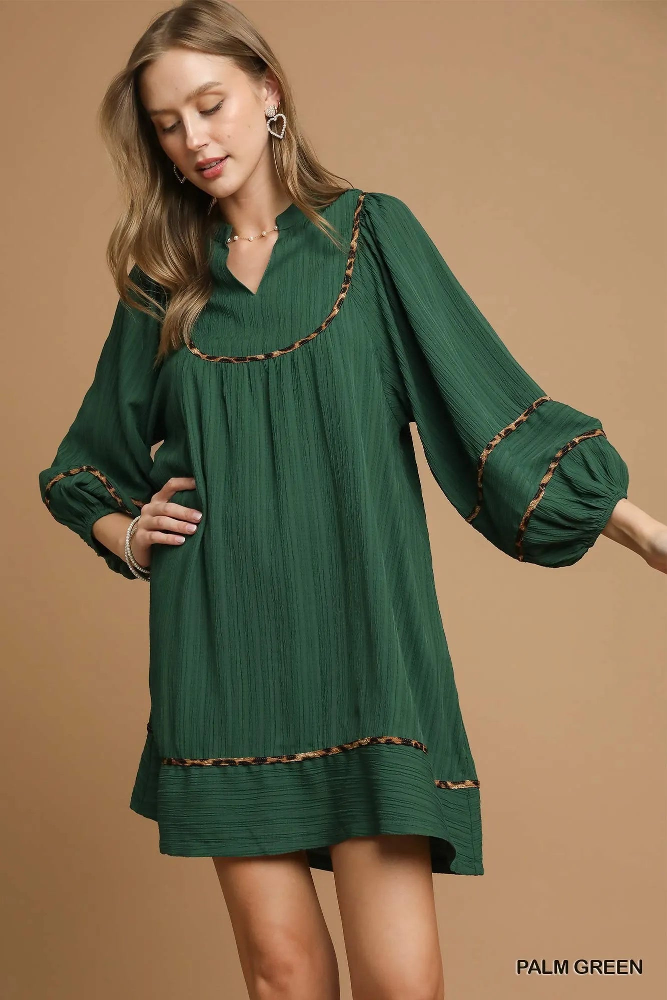 Umgee Palm Green Textured Babydoll Dress with Leopard Trim PALM GREEN