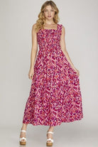 She + Sky Deep Rose Smocked Printed Wide Strap Tiered Dress