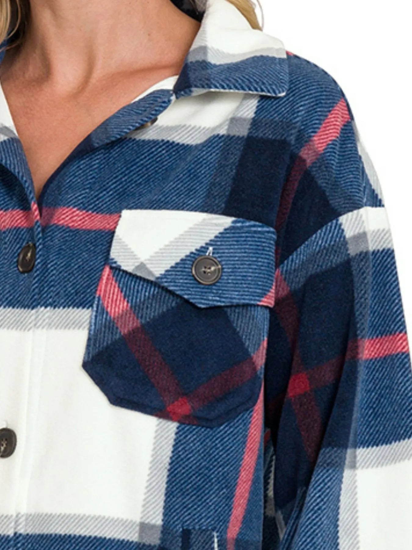 Zenana Navy Oversized Plaid Fleece Shacket