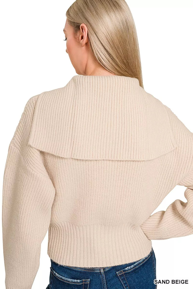 Zenana Sand Beige Ribbed Collared Zip Up Sweater Cardigan