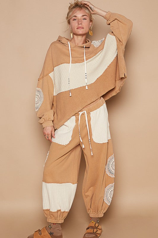 POL Wheat Openwork Contrast Dropped Shoulder Hoodie