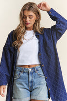 J.NNA Rhombus Stitched Button Up Denim Shacket Trendsi