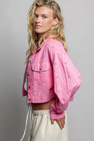 POL Eyelet Textured Cotton Cropped Button-Front Jacket