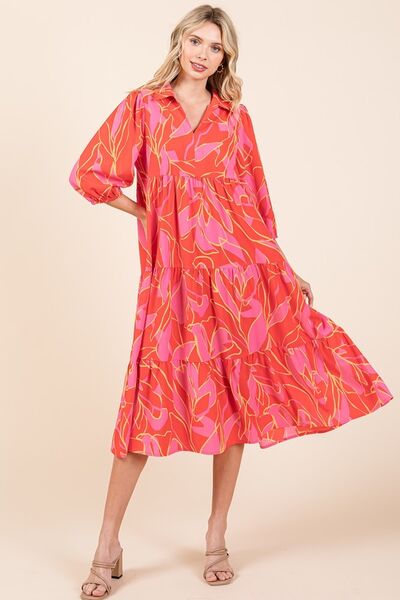 Mittoshop Coral Tiered Printed Collared Neck Midi Dress