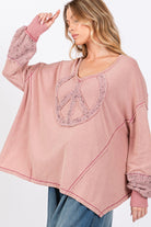 SAGE + FIG Mauve Peace Sign Mineral Wash Terry Top