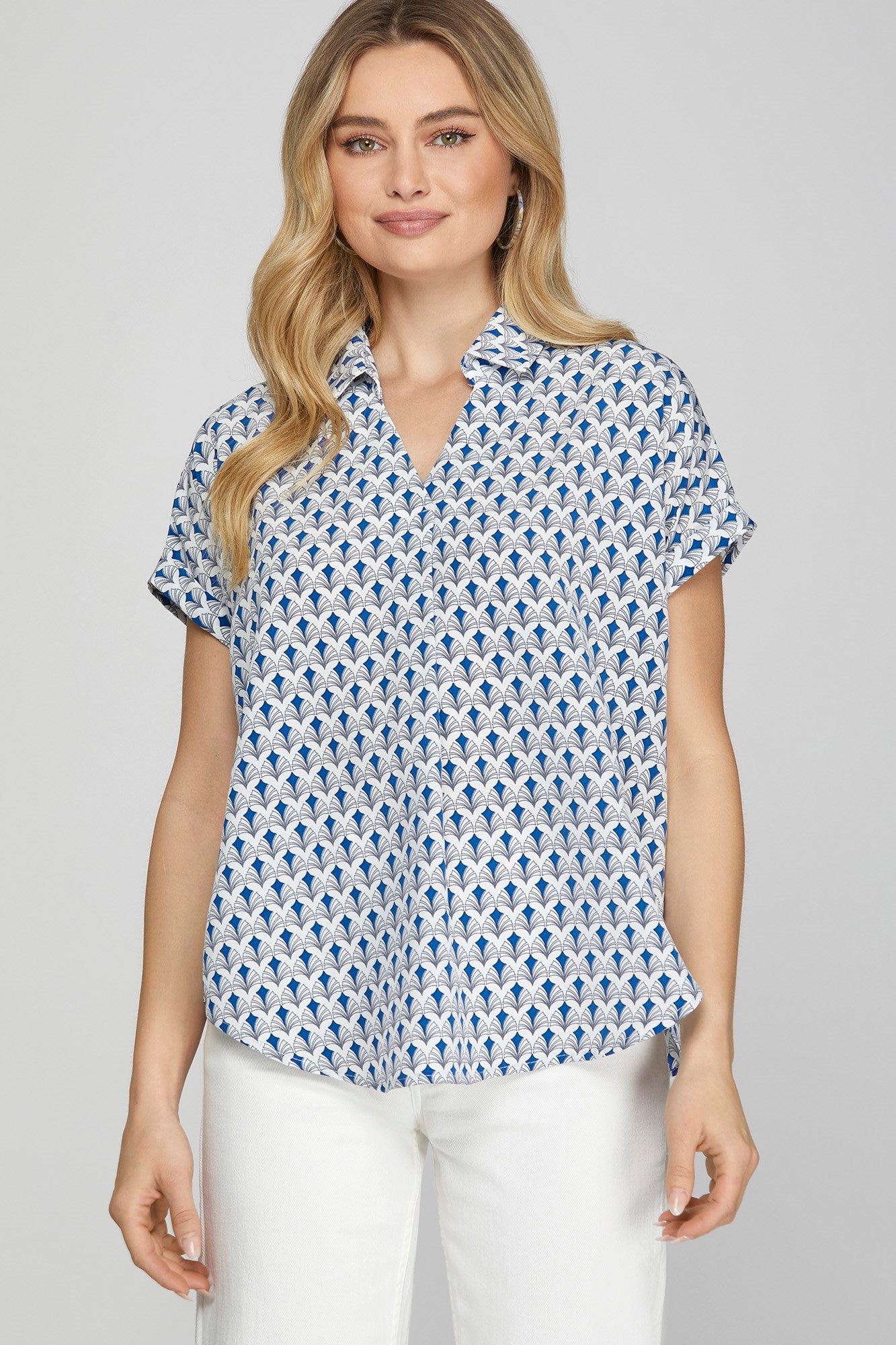 She + Sky Royal Blue Printed Johnny Collar Short Sleeve Blouse Royal Blue