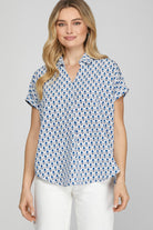 She + Sky Royal Blue Printed Johnny Collar Short Sleeve Blouse Royal Blue