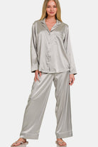 Zenana Silver Satin Long Sleeve Shirt and Pants Pajama Set Silver Trendsi