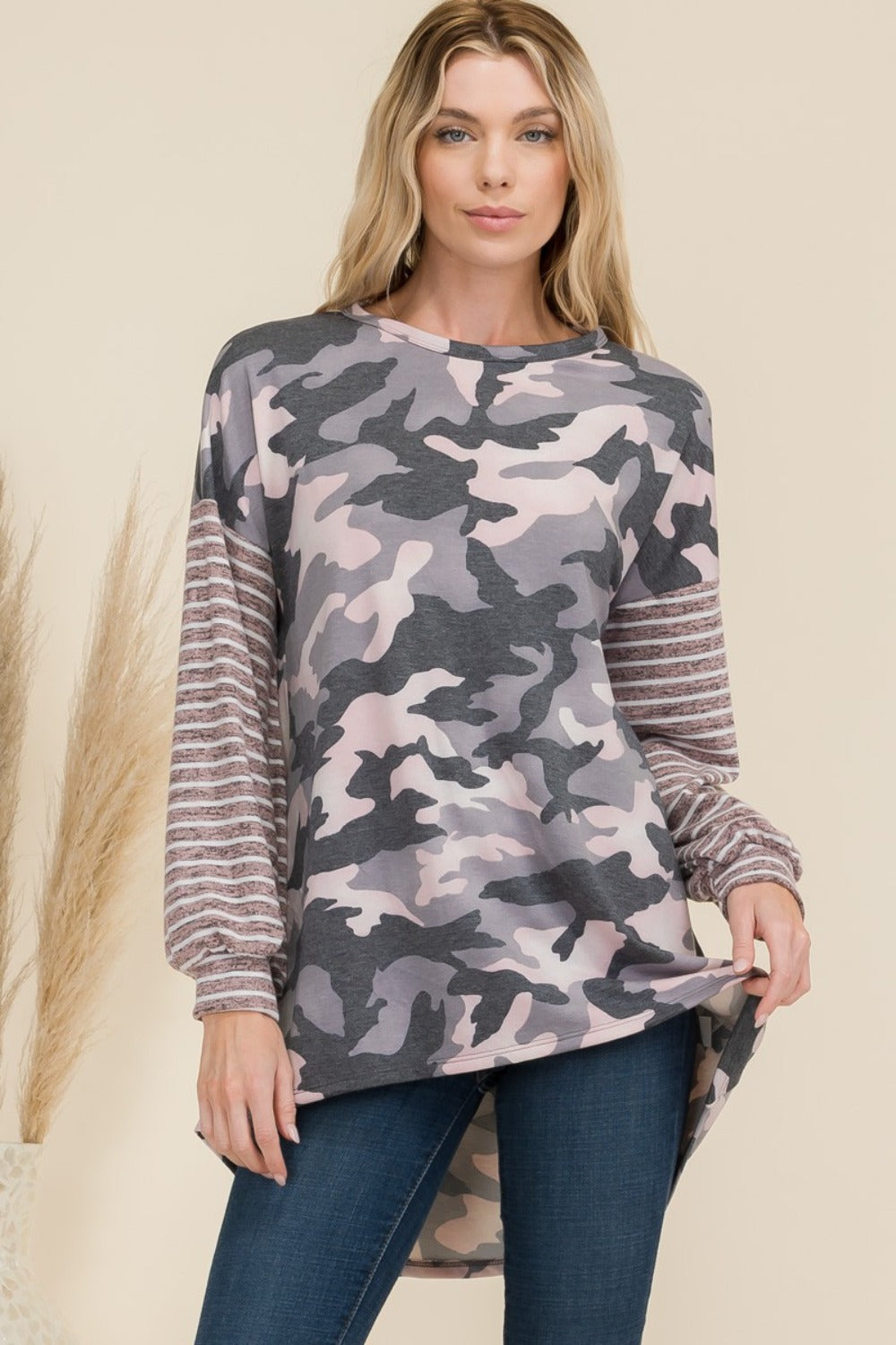 Celeste Camo Print High-Low T-Shirt with Stripe Sleeves Pink Camo