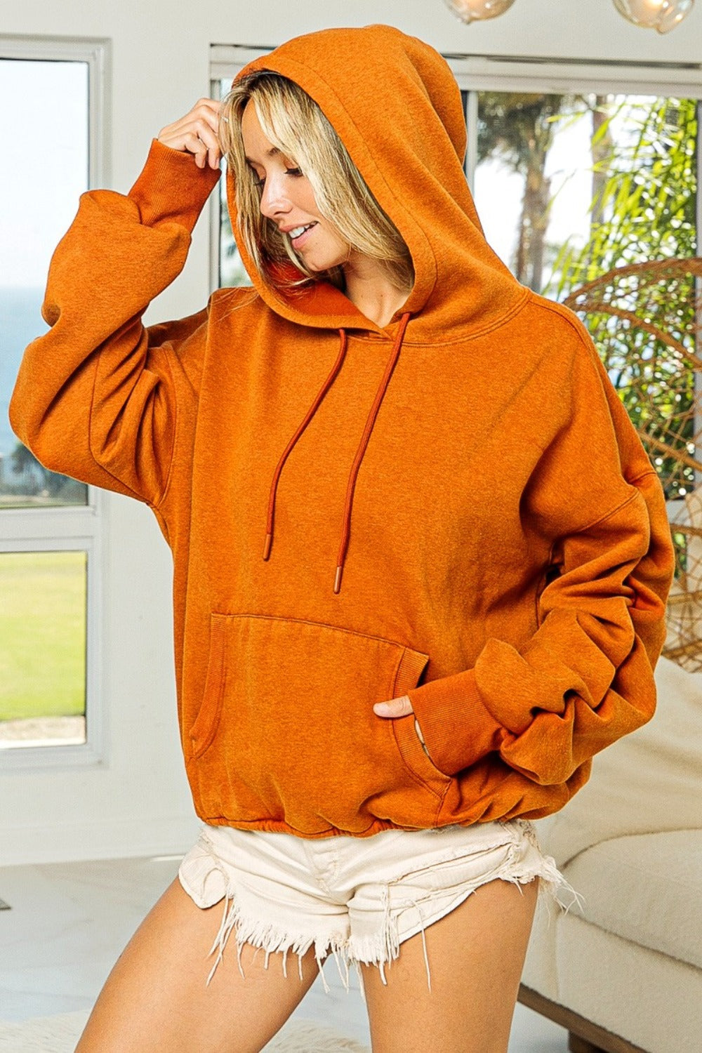 BiBi Ruched Long Sleeve Washed Fleece Hoodie in Vintage Rust Trendsi