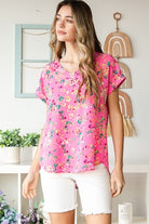 Heimish Pink Multi Color Animal print V-Neck Short Sleeve Blouse