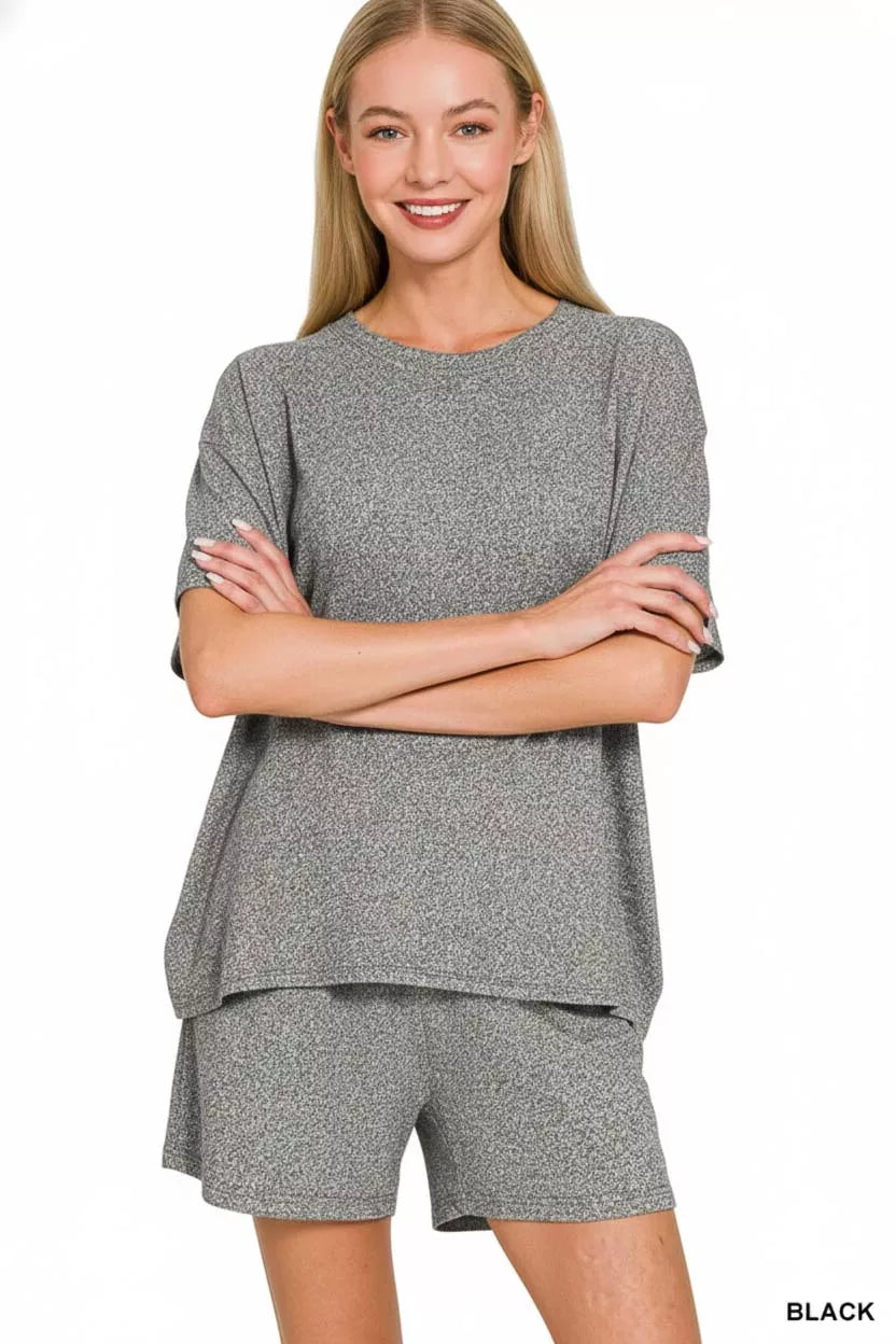 Zenana Black Soft Melange Short Sleeve Tee and Shorts Set