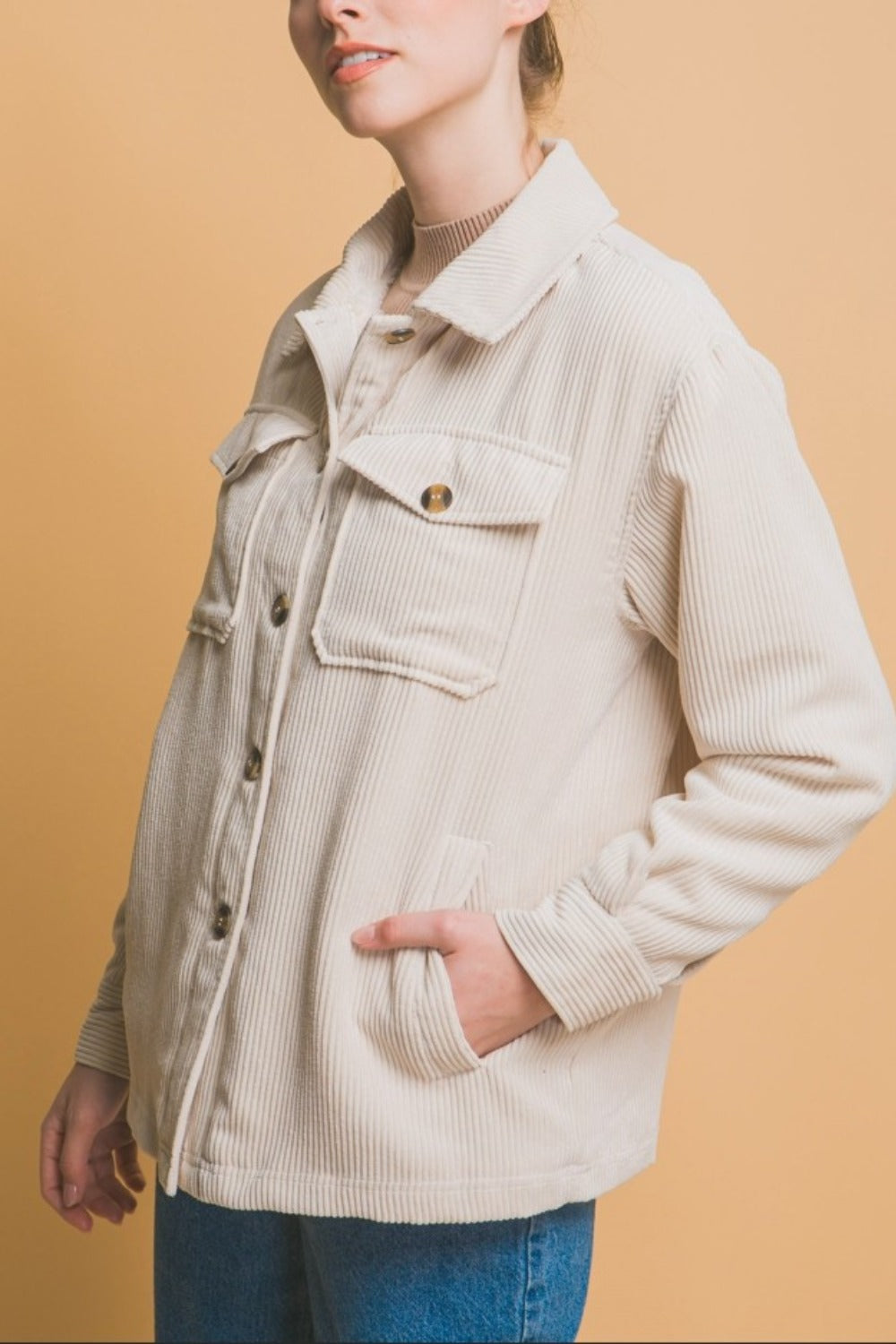 Love Tree Cream Corduroy Button Up Jacket with Sherpa Inside Trendsi