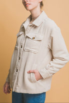 Love Tree Cream Corduroy Button Up Jacket with Sherpa Inside Trendsi