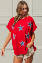 BiBi Red Beaded Stars Appliques Fourth Of July Terry T-Shirt RED