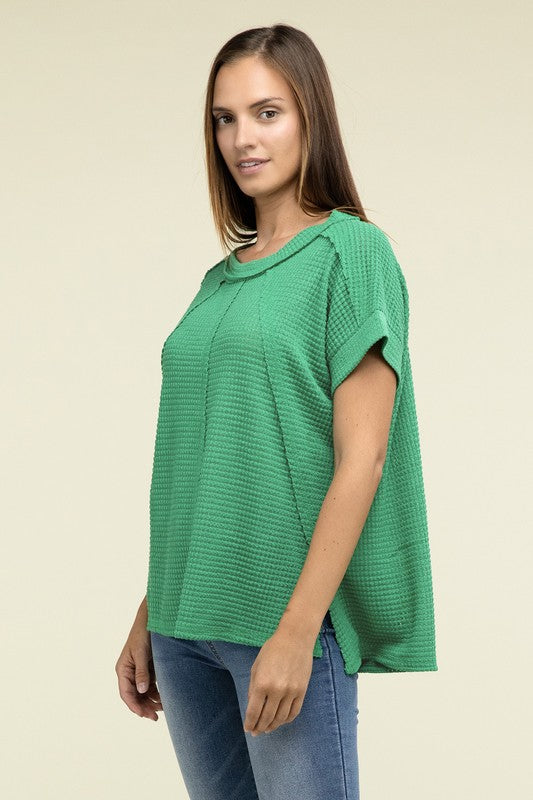 Zenana Brushed Waffle Exposed-Seam Short Sleeve Top ZENANA