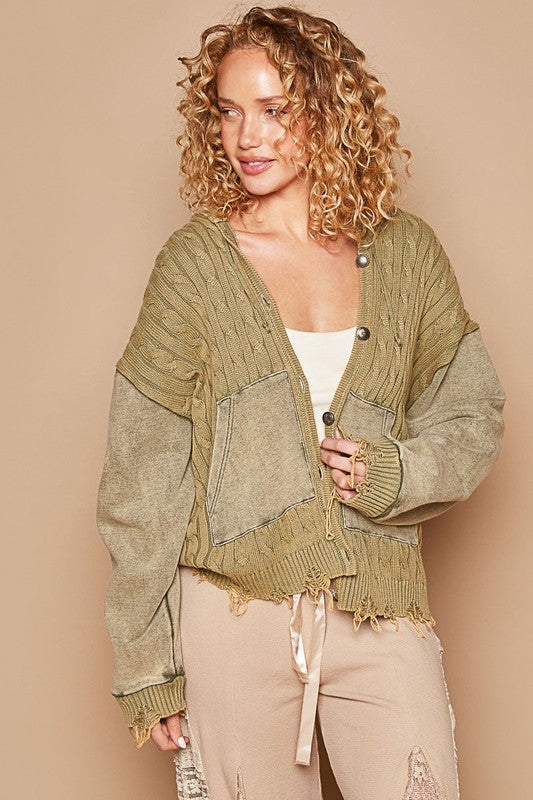 POL Olive Distressed Hem Button Up Hooded Cardigan Shirts & Tops