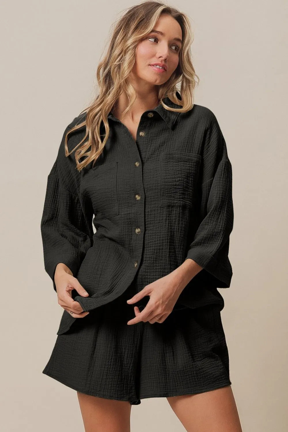 BiBi Black Crinkle Gauze Shirt and Short Set BLACK
